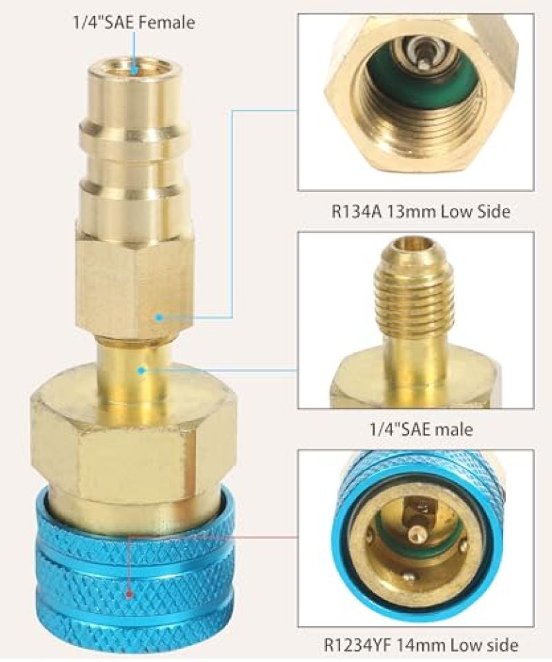 عدة محول غاز التبريد R134A جانب الضغط العالي والمنخفض، وصلات سريعة R1234YF لمكيف السيارة - تصميم ذاتي الإغلاق مقاوم للتسرب، طقم قارنة نحاسية لإعادة شحن مكيف السيارة لهواة الصيانة وميكانيكيي السيارات - Image 3
