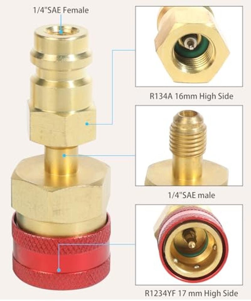 عدة محول غاز التبريد R134A جانب الضغط العالي والمنخفض، وصلات سريعة R1234YF لمكيف السيارة - تصميم ذاتي الإغلاق مقاوم للتسرب، طقم قارنة نحاسية لإعادة شحن مكيف السيارة لهواة الصيانة وميكانيكيي السيارات - Image 2