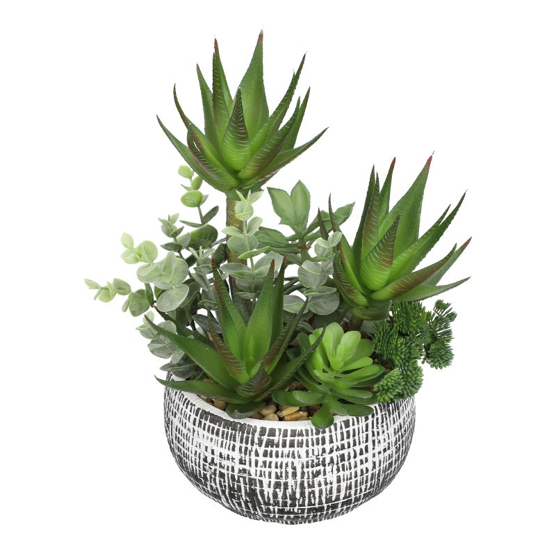 Villa Como 11â€ Large Succulents Aloe Plants Artificial in Ceramic Pots Potted Faux Succulent Eucalyptus Arrangement with Black Bowl Pots Fake Desk Succulents Plants for Home Bathroom Shelf Table Indoor Decor - Image 1