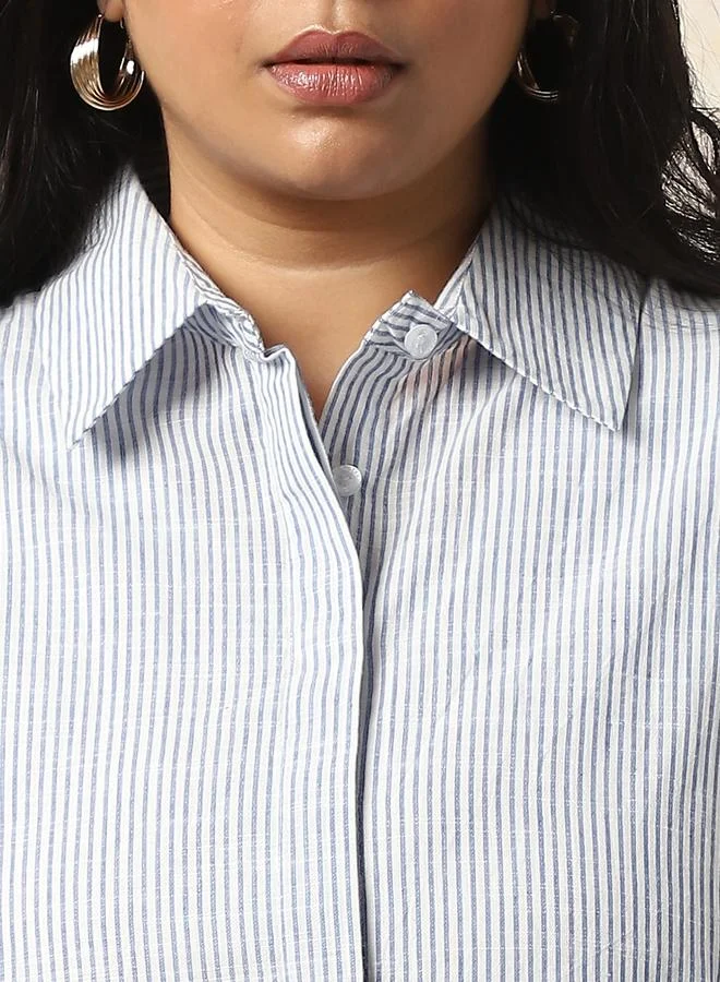 HIGH STAR Women Oversized Fit Opaque Casual Cotton Striped Shirt