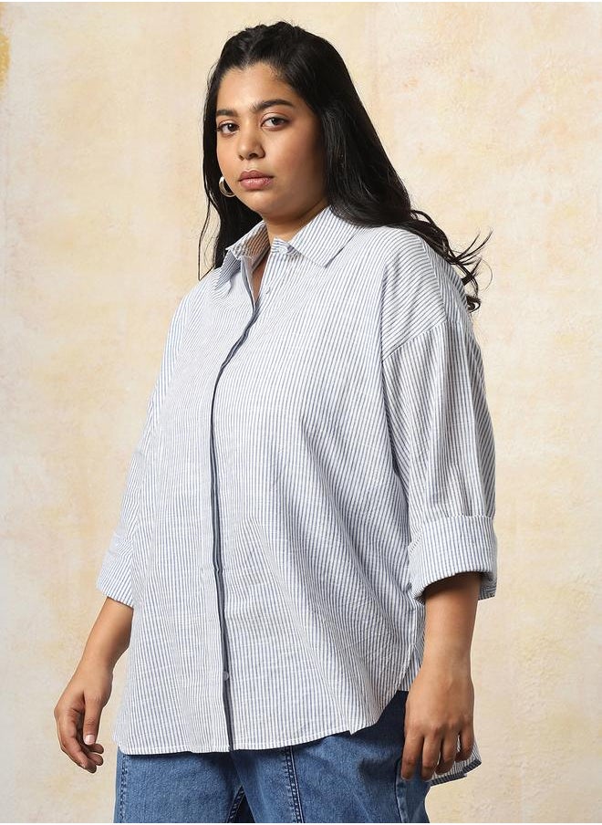 HIGH STAR Women Oversized Fit Opaque Casual Cotton Striped Shirt  - Image 3