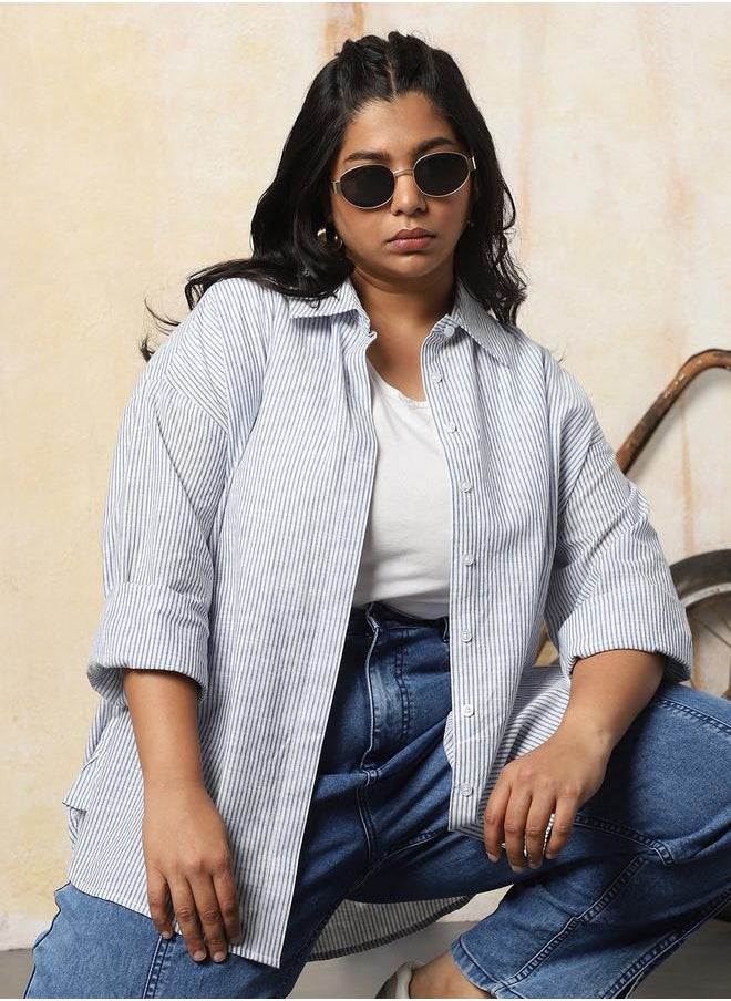 HIGH STAR Women Oversized Fit Opaque Casual Cotton Striped Shirt  - Image 1