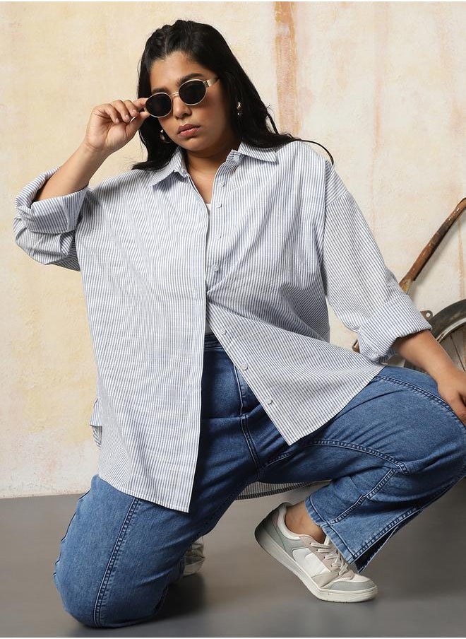 HIGH STAR Women Oversized Fit Opaque Casual Cotton Striped Shirt  - Image 2