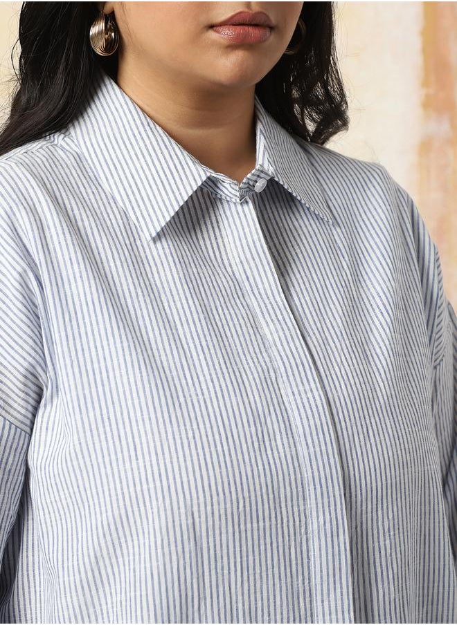 HIGH STAR Women Oversized Fit Opaque Casual Cotton Striped Shirt  - Image 5