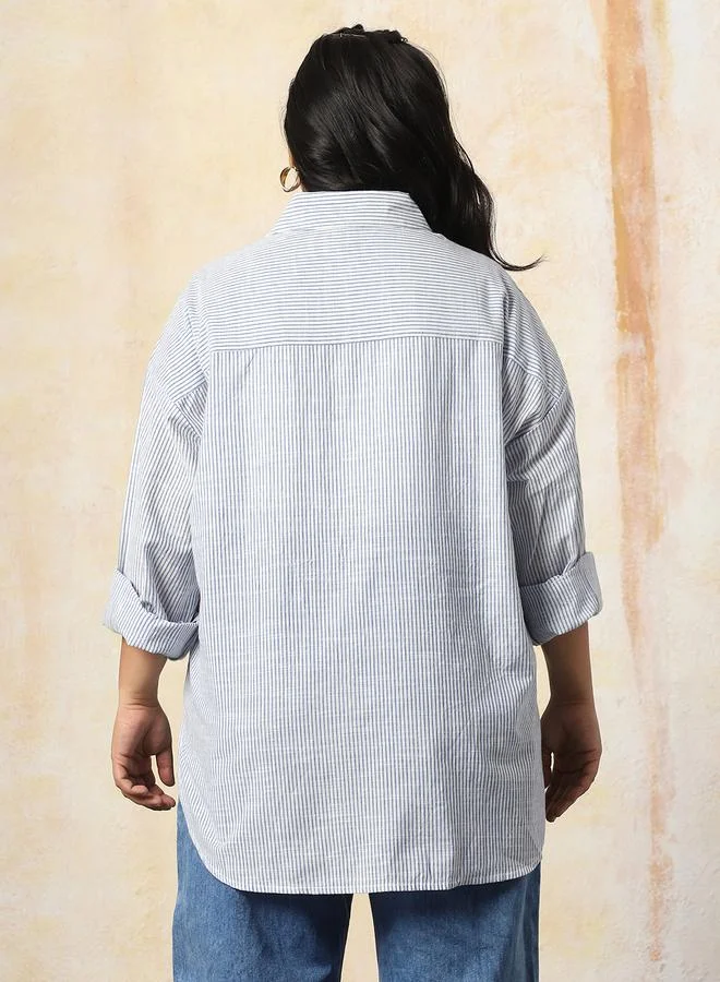 HIGH STAR Women Oversized Fit Opaque Casual Cotton Striped Shirt