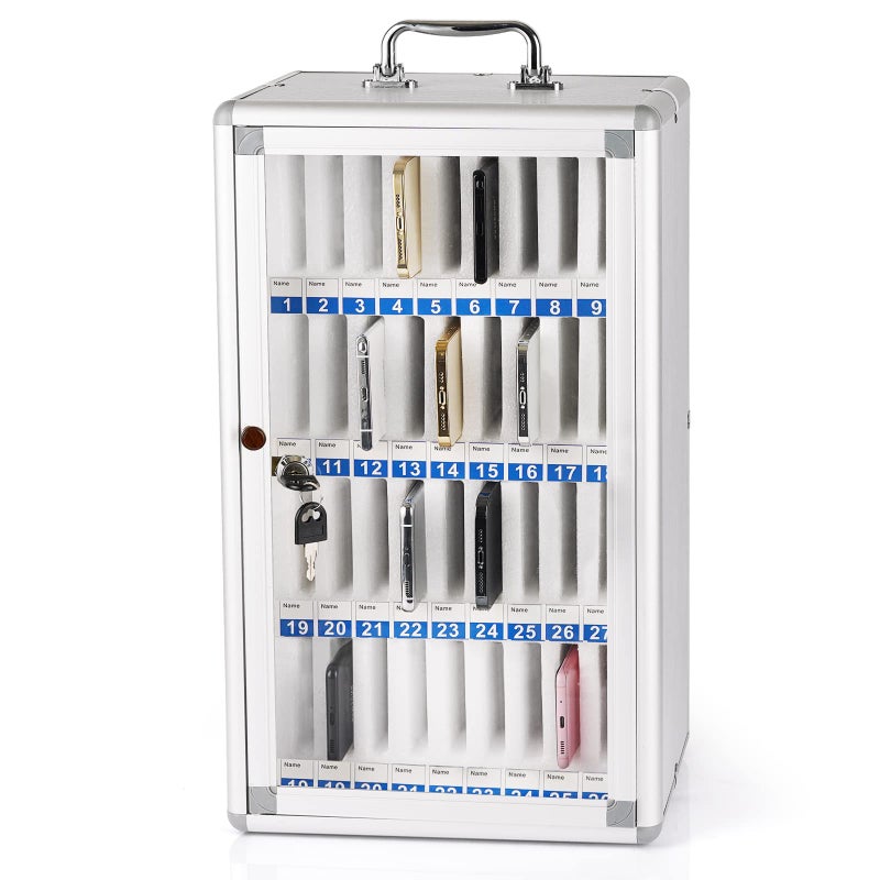 Ozzptuu 36 Slots Aluminum Alloy Pocket Chart Storage Cabinet for Cell PhonesWallMounted with a LockedCan be Carried by Hand 36 Slots