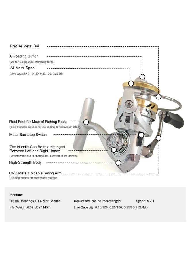 EMMRAGNO Compact Small Spinning Reels, Size 800 is Perfect for Ice Fishing and Freshwater Fishing, Up to 18.8 Max Drag, 5.2:1 Gear Ratio, Ultra Smooth Powerful, CNC Aluminum Spool, 12+1 BB Light Weight - Image 3