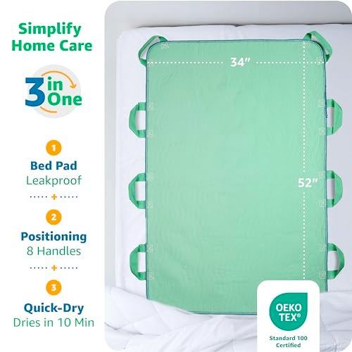 Improvia Positioning Bed Pad, with 8 Reinforced Handles, Quick-Drying, Washable, Waterproof, for Lifting, Turning, Transfering, Elderly and Incontinence Patients (Green, 34" x 36") - Image 2