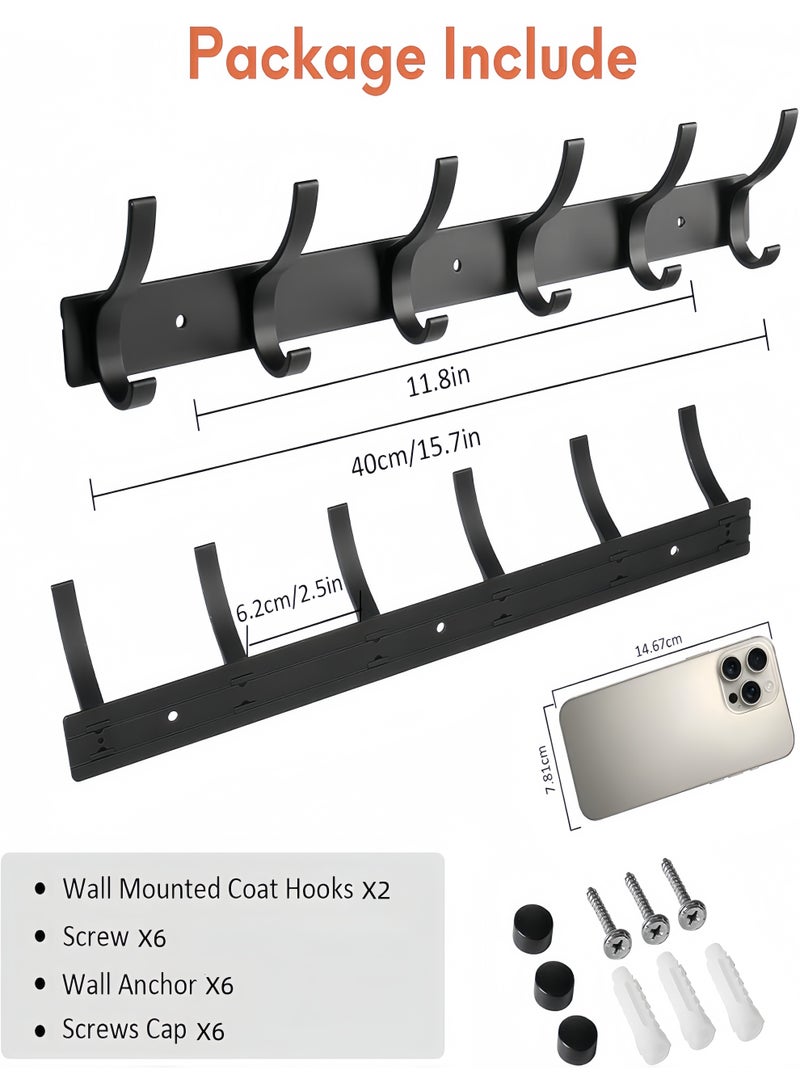 NayZaan Coat Rack Wall Mounted,6 Coat Hooks for Hanging Coats,Metal Double Hook Rack Hook Rail,Coat Rack with Hooks,Wall Mount Coat Hanger for Hat Towel Purse Robes (2 Pack Black, 6 Hooks) - Image 2