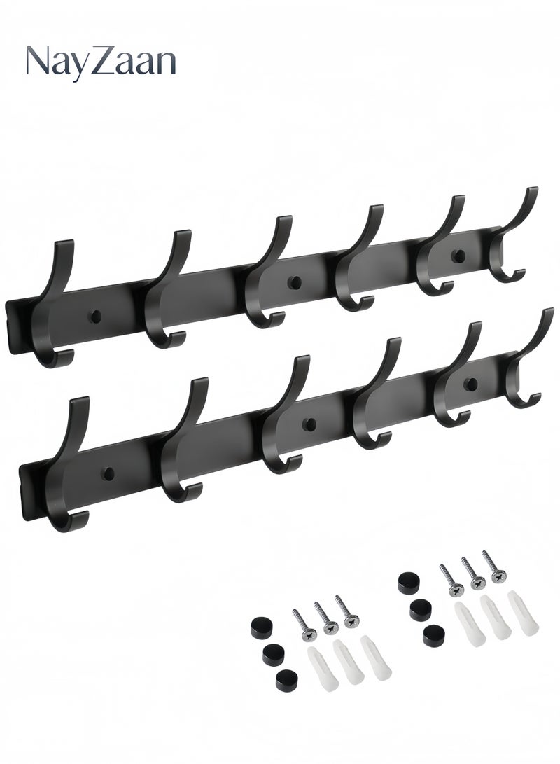 NayZaan Coat Rack Wall Mounted,6 Coat Hooks for Hanging Coats,Metal Double Hook Rack Hook Rail,Coat Rack with Hooks,Wall Mount Coat Hanger for Hat Towel Purse Robes (2 Pack Black, 6 Hooks) - Image 1