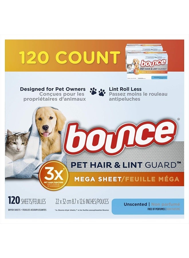 Bounce Bouce Bounce Pet Hair and Lint Guard Mega Dryer Sheets for Laundry, Fabric Softener with 3X Pet Hair Fighters, Unscented, Hypoallergenic, 120 Count - Image 1