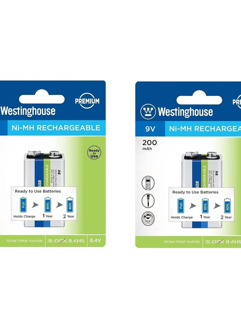 بطاريات ان اتش قابلة لاعادة الشحن بقدرة 200 مللي امبير في الساعة من ويستنج هاوس (9 فولت، 2 عبوة، 2 قطعة) - Image 1