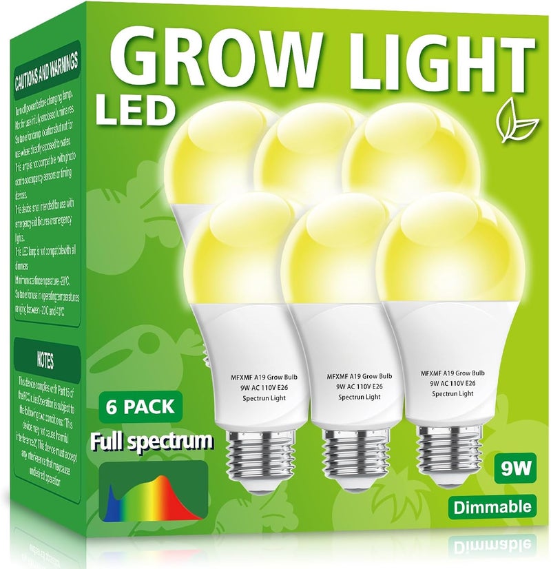 mfxmf 6 Pack LED Grow Light Bulbs A19 Bulb, Full Spectrum Plant Light Bulb, 9W E26 Grow Bulb Replace up to 80W, Grow Light for Indoor Plants, Flowers, Greenhouse, Indore Garden, Hydroponic - Image 1