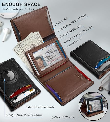 miyozi Airtag Wallet for Menwith Cash Pocket 2 ID Window 1416 Cards Magnetic Closure Slim Trifold Leather Wallet 40x31 RFID Blocking Front Pocket Wallet with Gift Box - Image 3