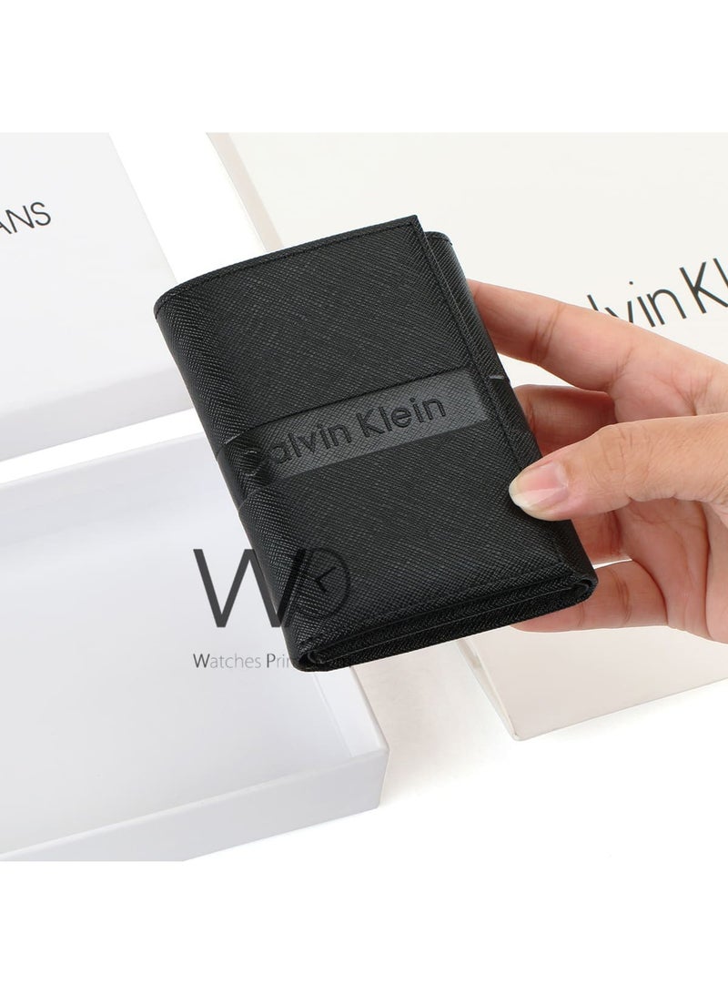 كالفن كلاين جينز جلد طبيعي للرجال محفظة ثلاثية الطي باللون الأسود - Image 2