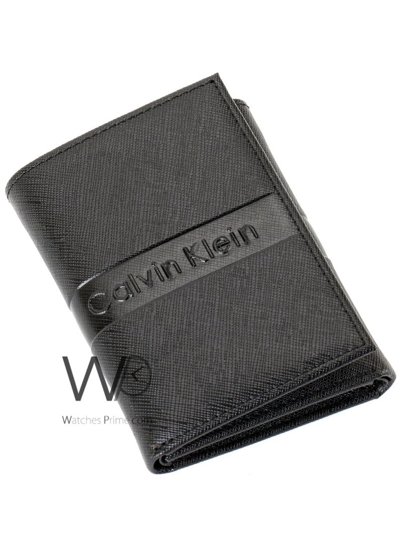 كالفن كلاين جينز جلد طبيعي للرجال محفظة ثلاثية الطي باللون الأسود - Image 1
