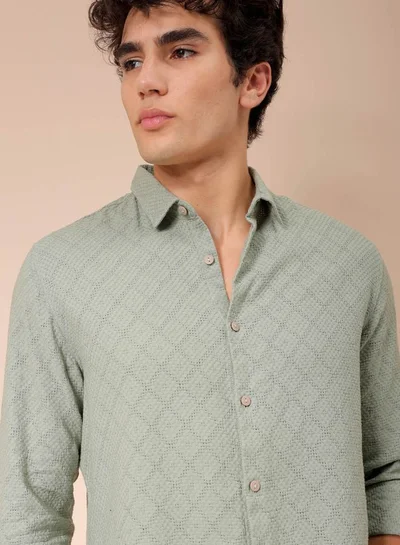 The Indian Garage Co Men Regular Fit Textured Solid Full Sleeves Cutaway Collar Resort Wear Shirt