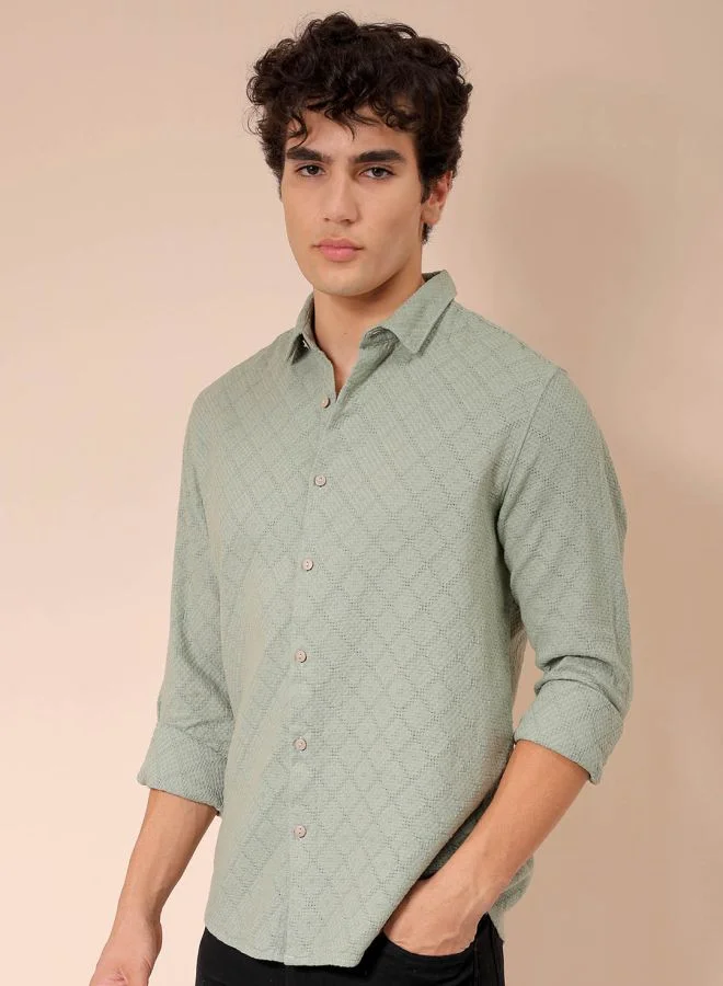 The Indian Garage Co Men Regular Fit Textured Solid Full Sleeves Cutaway Collar Resort Wear Shirt