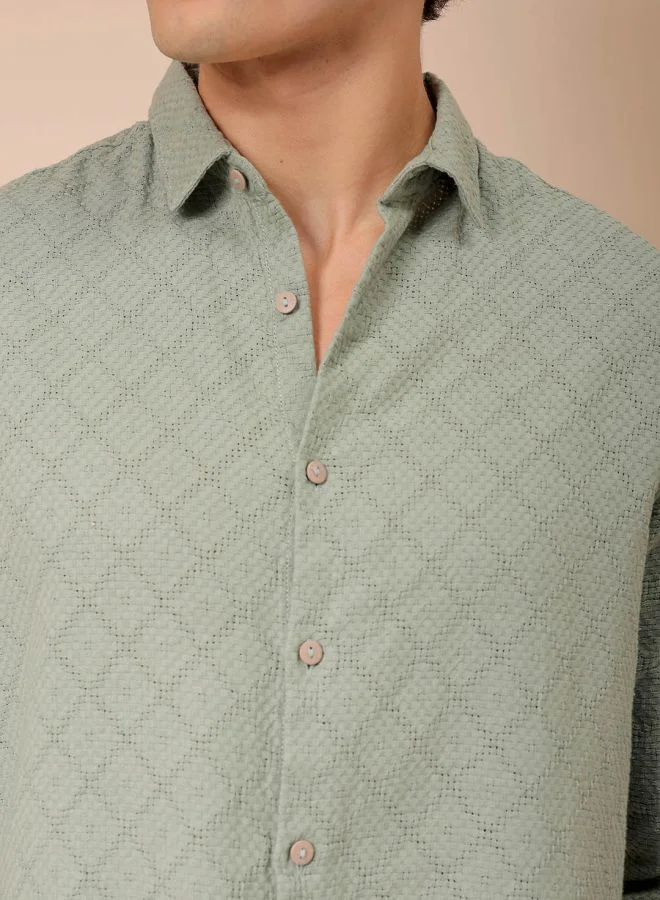The Indian Garage Co Men Regular Fit Textured Solid Full Sleeves Cutaway Collar Resort Wear Shirt