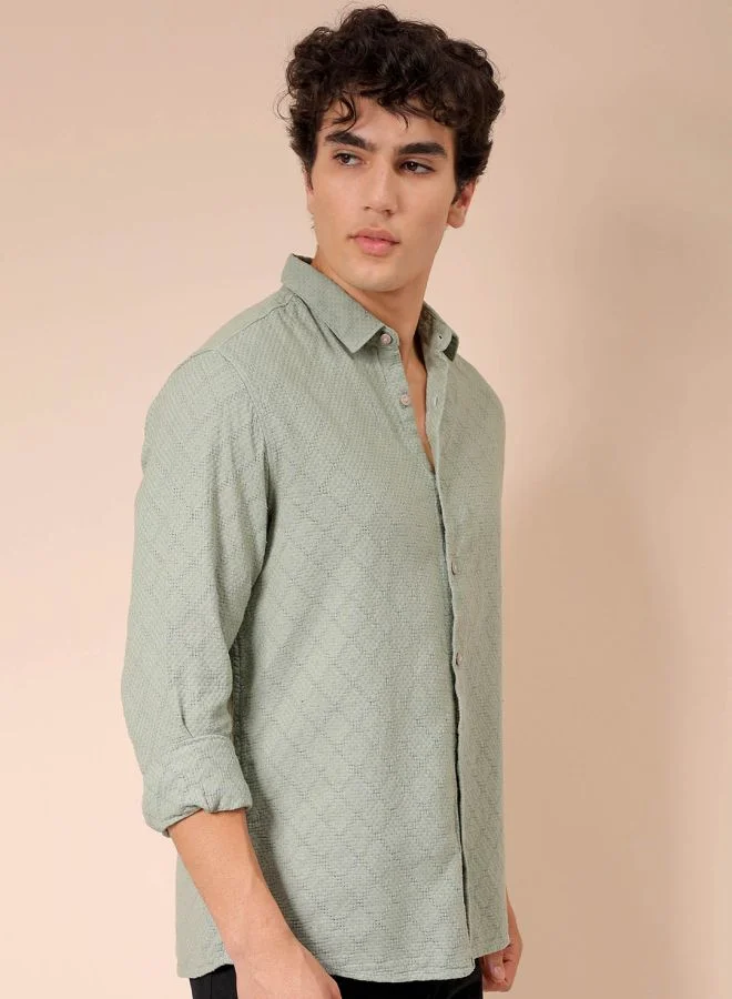 The Indian Garage Co Men Regular Fit Textured Solid Full Sleeves Cutaway Collar Resort Wear Shirt