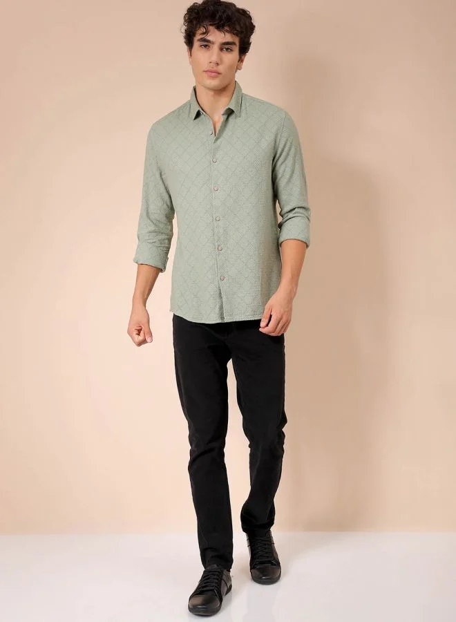 The Indian Garage Co Men Regular Fit Textured Solid Full Sleeves Cutaway Collar Resort Wear Shirt