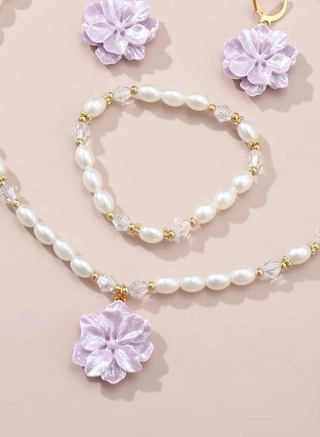 Girls Multi-Color Flower Charm Pearl Necklace, Bracelet and Earrings Set