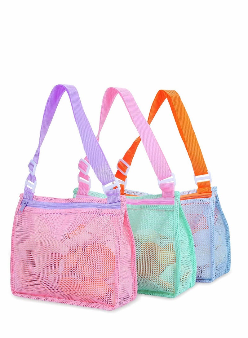 Luckam Beach Toy Mesh Bag, Adjustable Kids Shell Collecting Bag Beach Sand Toy Totes for Holding Shells Beach Toys Sand Toys Swimming Accessories for Boys and Girls, Only Bags, 3 Pcs - Image 1