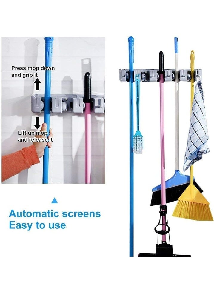 Wall-Mounted Mop and Broom Holder, 5-Position Storage Rack with Hooks, Grey - Image 5