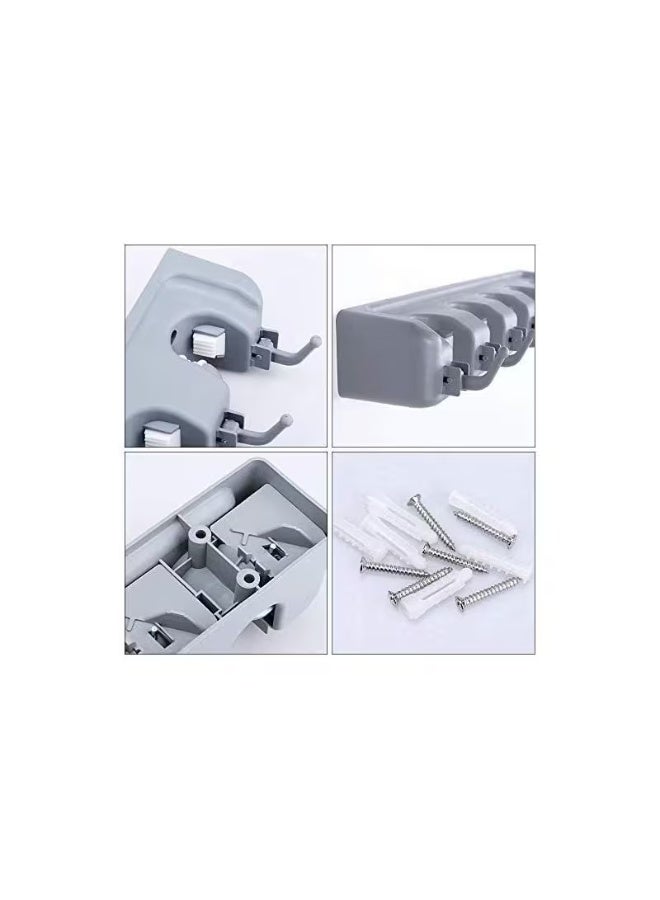 Wall-Mounted Mop and Broom Holder, 5-Position Storage Rack with Hooks, Grey - Image 2