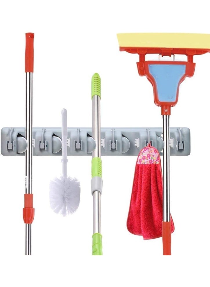 Wall-Mounted Mop and Broom Holder, 5-Position Storage Rack with Hooks, Grey - Image 4