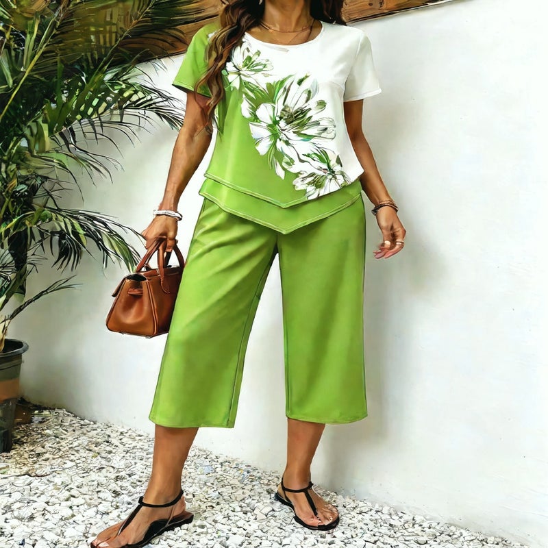 Fashion Print Irregular Top and Capri Pants Two-Piece Set - Image 2