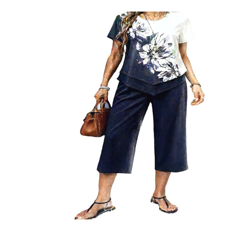 Fashion Print Irregular Top and Capri Pants Two-Piece Set - Image 1