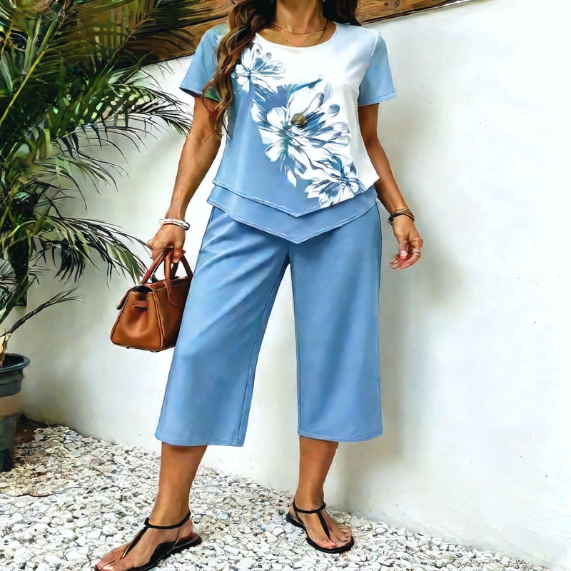 Fashion Print Irregular Top and Capri Pants Two-Piece Set - Image 4