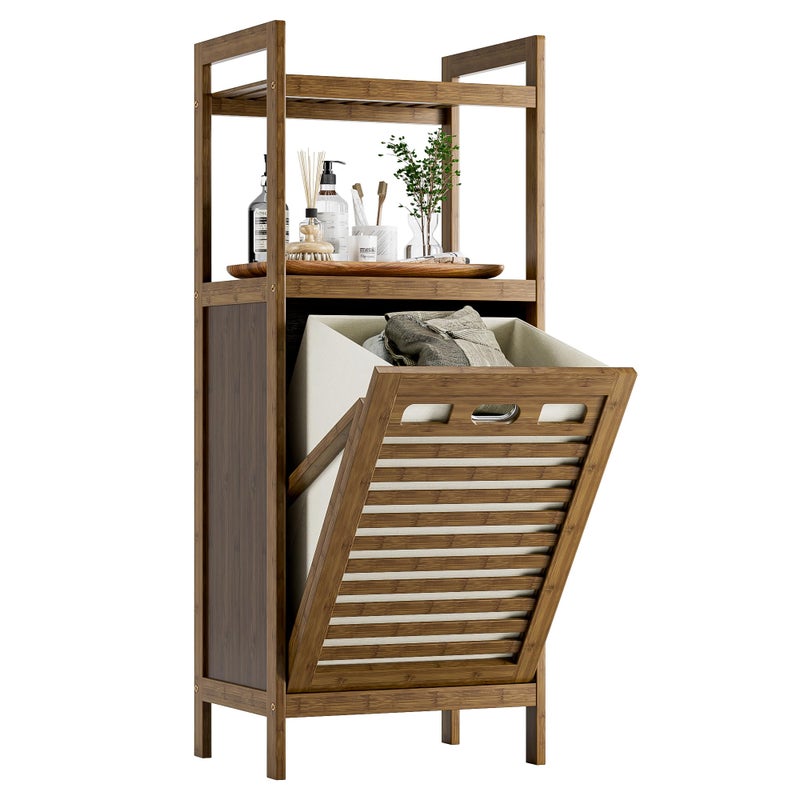 HITNET Bamboo Tilt Out Laundry Hamper, Bathroom Storage Cabinet with Hidden Removable Basket and 2 Open Shelves, Space Saving Bamboo Storage for Clothes, Towels and Toys, Walnut - Image 1