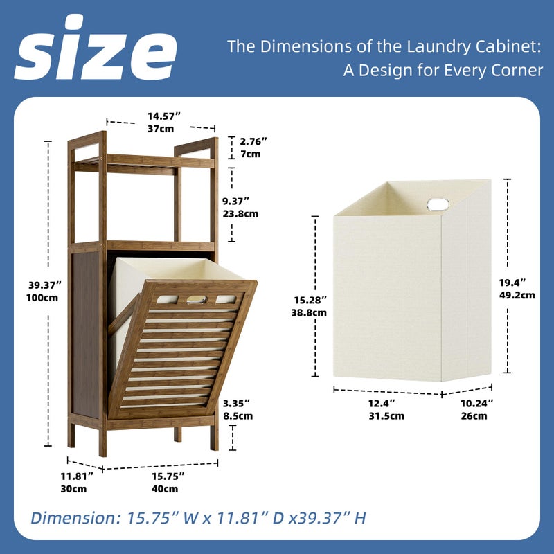 HITNET Bamboo Tilt Out Laundry Hamper, Bathroom Storage Cabinet with Hidden Removable Basket and 2 Open Shelves, Space Saving Bamboo Storage for Clothes, Towels and Toys, Walnut - Image 3