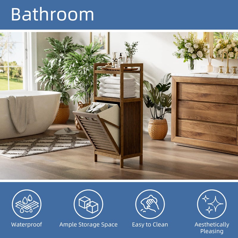 HITNET Bamboo Tilt Out Laundry Hamper, Bathroom Storage Cabinet with Hidden Removable Basket and 2 Open Shelves, Space Saving Bamboo Storage for Clothes, Towels and Toys, Walnut - Image 4