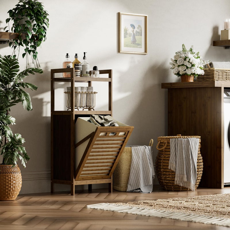 HITNET Bamboo Tilt Out Laundry Hamper, Bathroom Storage Cabinet with Hidden Removable Basket and 2 Open Shelves, Space Saving Bamboo Storage for Clothes, Towels and Toys, Walnut - Image 2