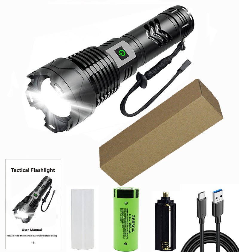 Cross-Border Xhp199 Strong Light Flashlight Xhp160 with Power Bank Typec Fast Charging Outdoor Strong Light Tactical Flashlight(Short P985 flashlight Type C line kraft paper box 1 26650 lithium battery) - Image 1