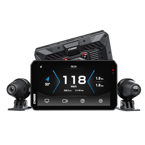 CHIGEE AIO-5 EVO Motorcycle Smart Riding System, Wireless CarPlay & Android Auto, Dual 1080P Front & Rear Dash Cam, Blind Spot Detection (BSD), 5" Waterproof Display, Parking Mode - Image 1