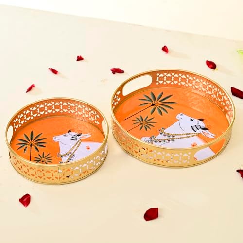 CraftVatika Pichwai Tray Set of 2 for Home Diwali Decorations Return Gifts, Cow Pichwai Metal Round Tray, Wedding Gifts, Home Decor Items, Orange - Image 2