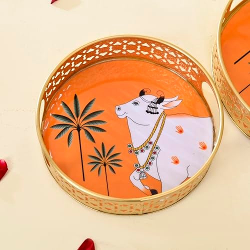 CraftVatika Pichwai Tray Set of 2 for Home Diwali Decorations Return Gifts, Cow Pichwai Metal Round Tray, Wedding Gifts, Home Decor Items, Orange - Image 4