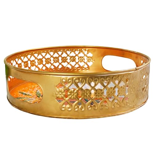 CraftVatika Pichwai Tray Set of 2 for Home Diwali Decorations Return Gifts, Cow Pichwai Metal Round Tray, Wedding Gifts, Home Decor Items, Orange - Image 5