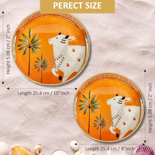 CraftVatika Pichwai Tray Set of 2 for Home Diwali Decorations Return Gifts, Cow Pichwai Metal Round Tray, Wedding Gifts, Home Decor Items, Orange - Image 3
