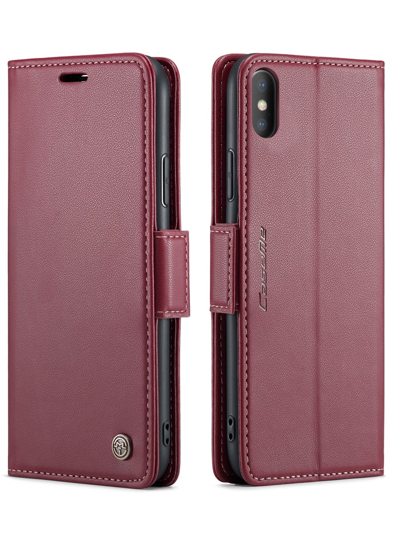 CaseMe Phone Case Luxury PU Leather Design Anti Fingerprint 023 Flip Cover Card Slot Holder Cover For iPhone X/XS  (Red) - Image 1