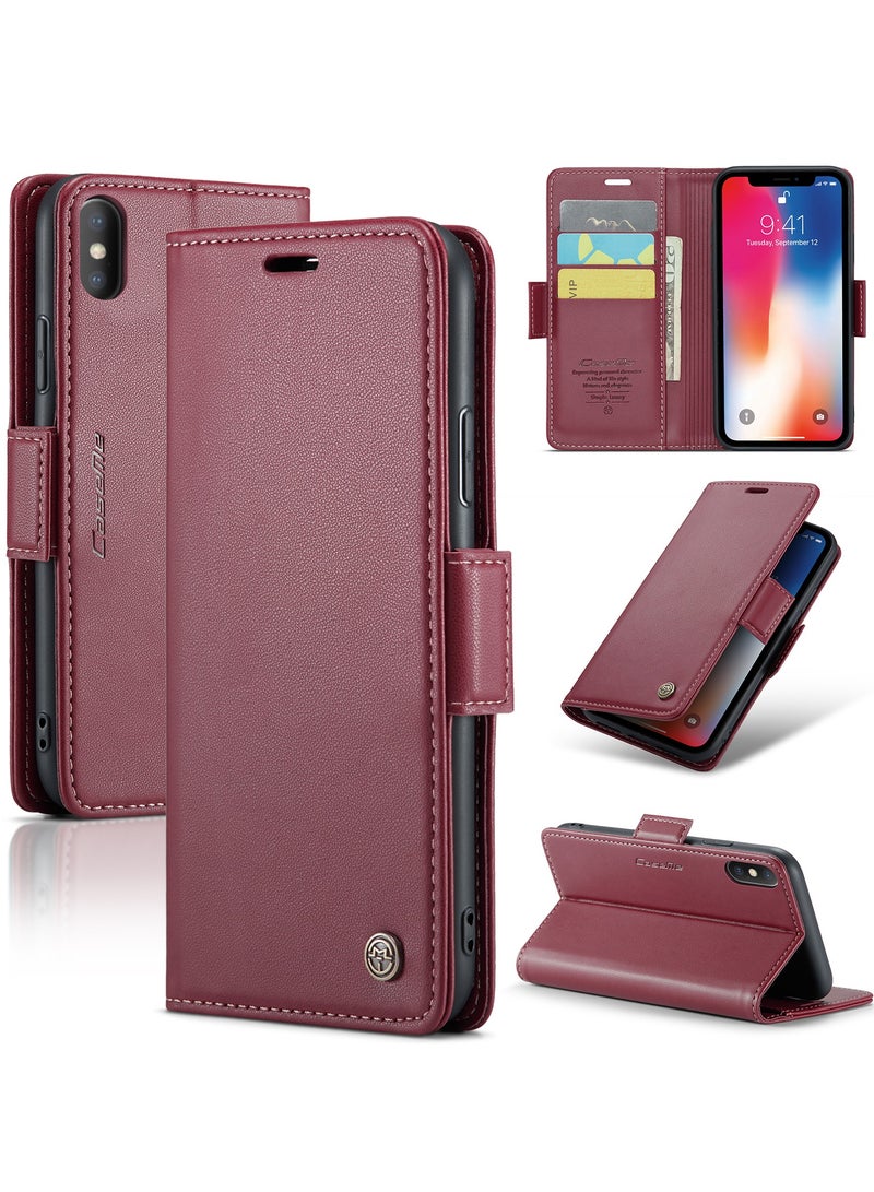 CaseMe Phone Case Luxury PU Leather Design Anti Fingerprint 023 Flip Cover Card Slot Holder Cover For iPhone X/XS  (Red) - Image 2