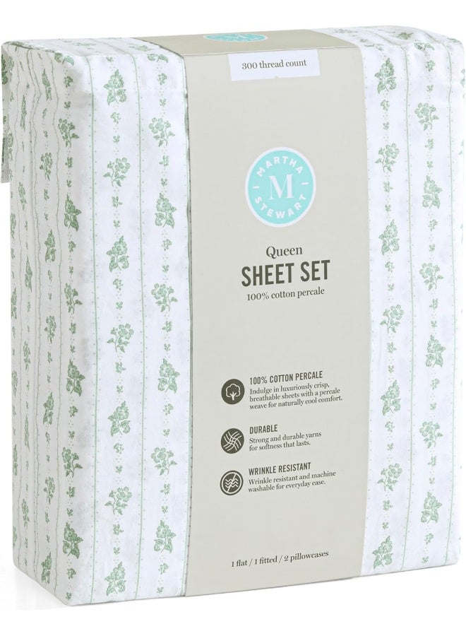 Martha stewart Martha Stewart Prairie Stripe 300TC 100% Cotton Percale Sheet Set, Green/White, 4 Piece  - Image 2