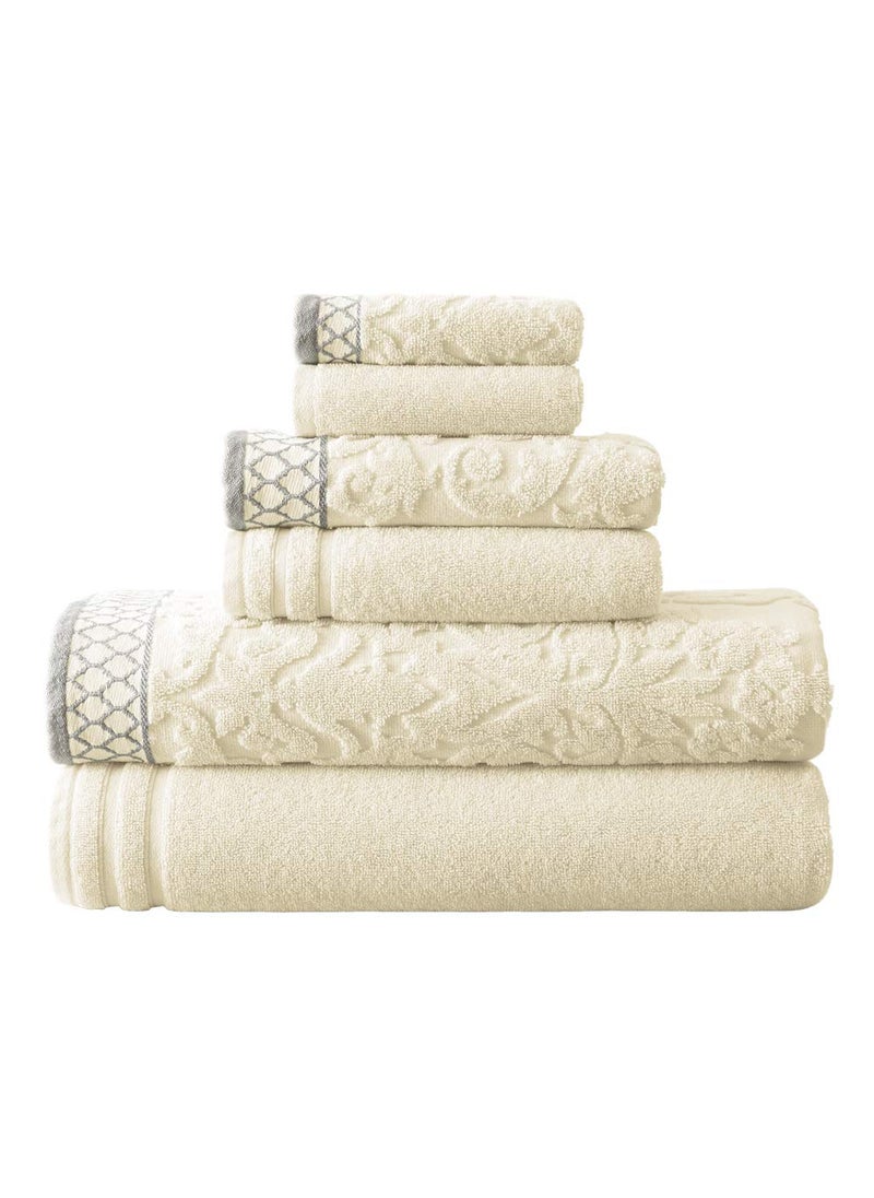 Modern Threads Modern Threads 6Piece Damask JacquardSolid Ultra Soft 550GSM 100 Combed Cotton Towel Set with Embellished Borders Ivory 