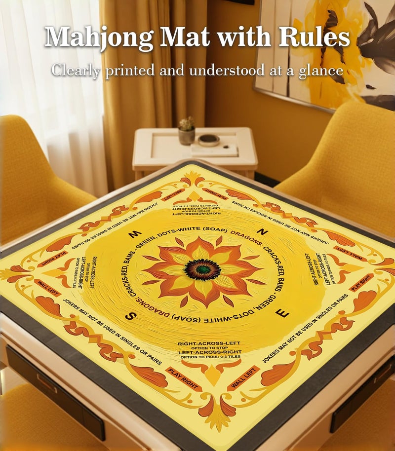 EVERSHOW Neoprene Mahjong Mat with Rules, 33x33 Inch Mahjong Mat for Table, Non-Slip Noise Reduction Mah Jongg Mat with Carrying Bag and 3 Dice for Poker, Card, Board, Tile Games, Dominoes (Yellow) - Image 2