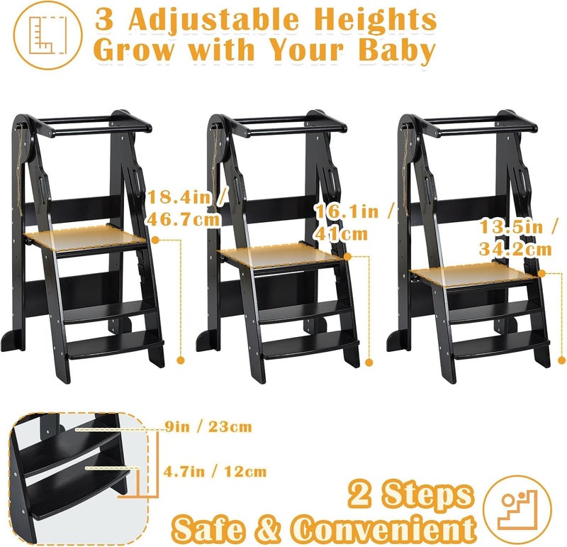 FUNLIO Foldable Kitchen Step Stool for Kids 2-6 Years, Montessori Step Stool, 3-Level Height Adjustable Standing Tower, Easy to Assemble, CPC & CE,Black - Image 3