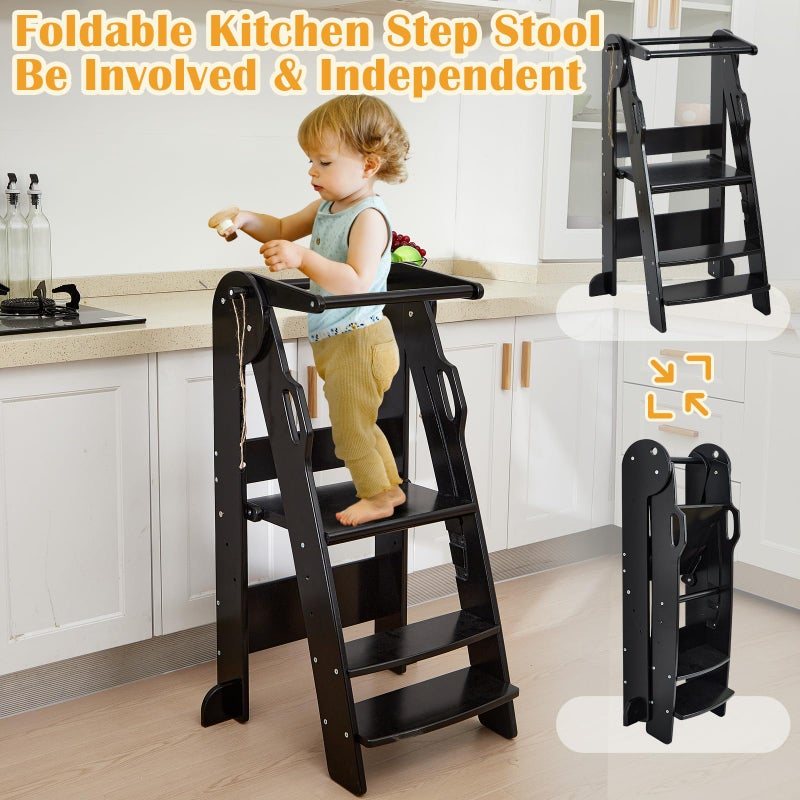 FUNLIO Foldable Kitchen Step Stool for Kids 2-6 Years, Montessori Step Stool, 3-Level Height Adjustable Standing Tower, Easy to Assemble, CPC & CE,Black - Image 2